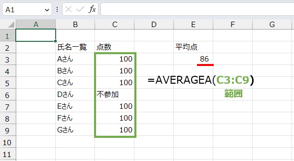 文字列を含めた平均値は
=AVERAGEA(C3:C9)
で求めます。