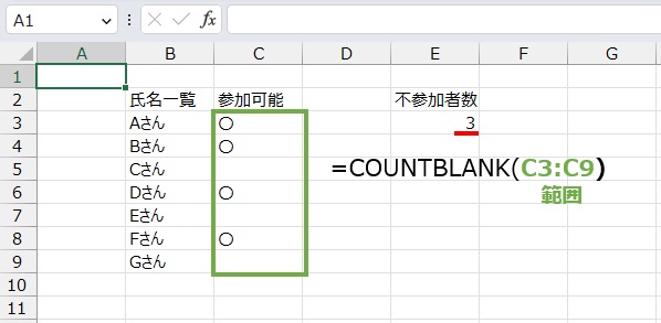 空白セルは
=COUNTBLANK(C3:C9)
で求めます。