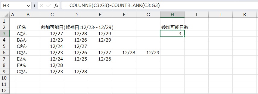 手順4.データが入力された列数のみ算出することができました。