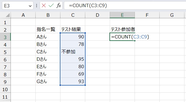 手順2.COUNT関数でセルを選択します。