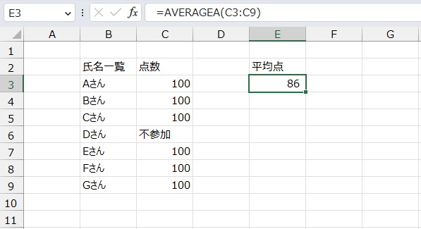 手順3.文字列を含めた平均値を求めることができました。