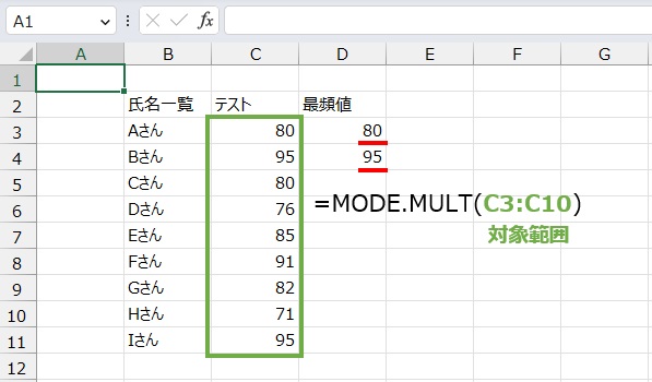 複数の最頻値は
=MODE.MULT(C3:C10)
で求めることができます。