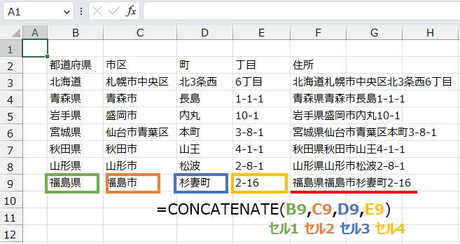 文字同士の結合は
=CONCATENATE(B9,C9,D9,E9)
で求めることができます。