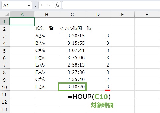 時間は
=HOUR(C10)
で求めることができます。