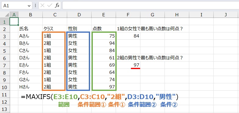 複数条件下の最高点は
=MAXIFS(E3:E10,C3:C10,"2組",D3:D10,"男性")
で求めることができます。