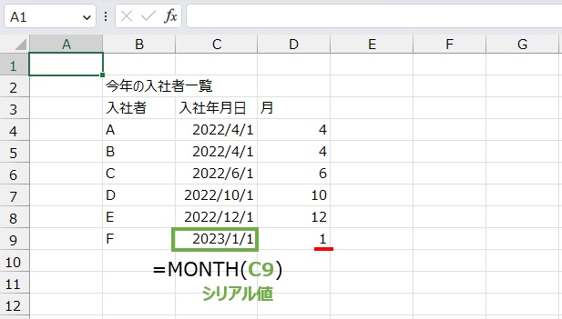 月は
=MONTH(C9)
で求めることができます。