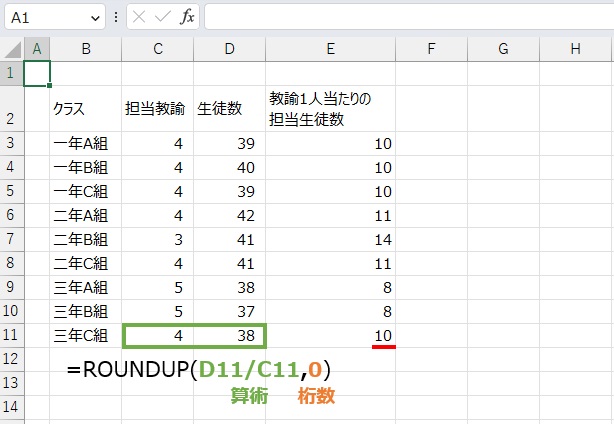 数値の切り上げは
=ROUNDUP(D11/C11,0)
で求めることができます。