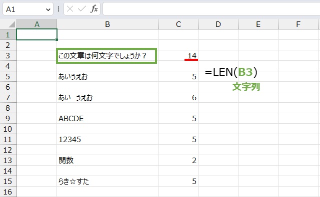 文字数は
=LEN(B3)
で求めることができます。