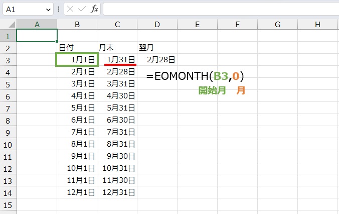 月末は
=EOMONTH(B3,0)
で求めることができます。