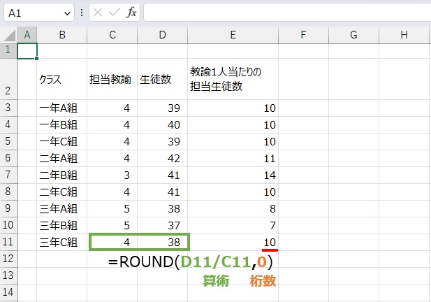 四捨五入した数値は
=ROUND(D11/C11,0)
で求めることができます。