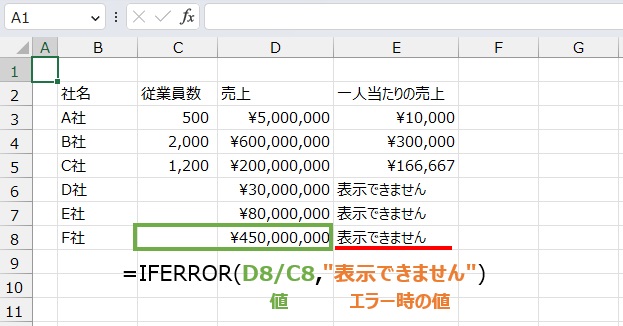 エラー時の表示は
=IFERROR(D8/C8,"表示できません")
で変えることができます。