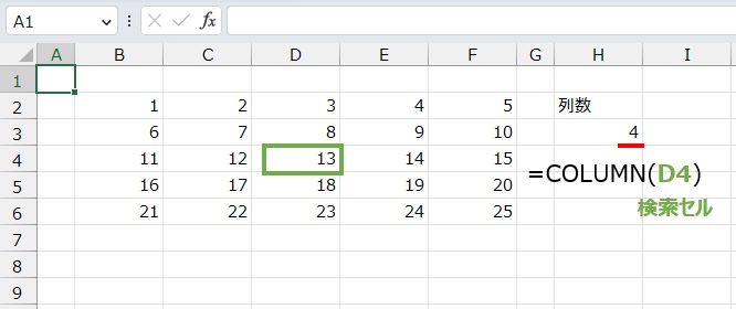 列数は
=COLUMN(D4)
で求めることができます。