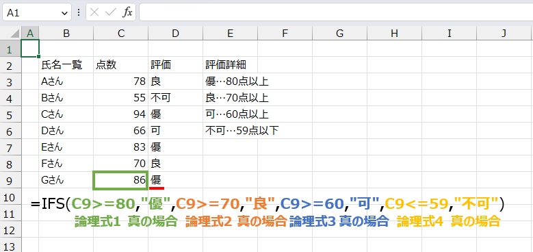 複数条件で異なる結果は
=IFS(C9>=80,"優",C9>=70,"良",C9>=60,"可",C9<=59,"不可")
で求めることができます。