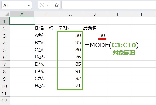 最頻値は
=MODE(C3:C10)
で求めることができます。