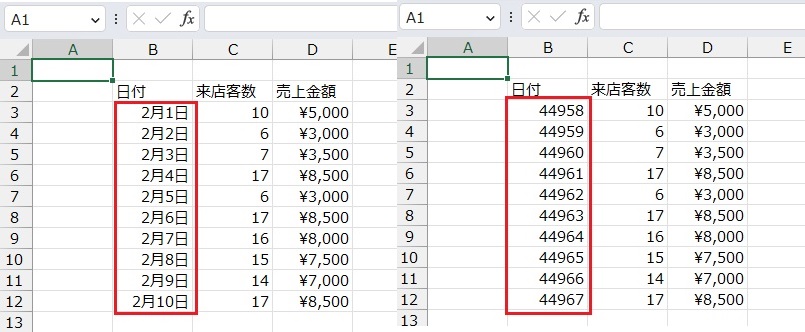 手順1.シリアル値と日付の比較です。