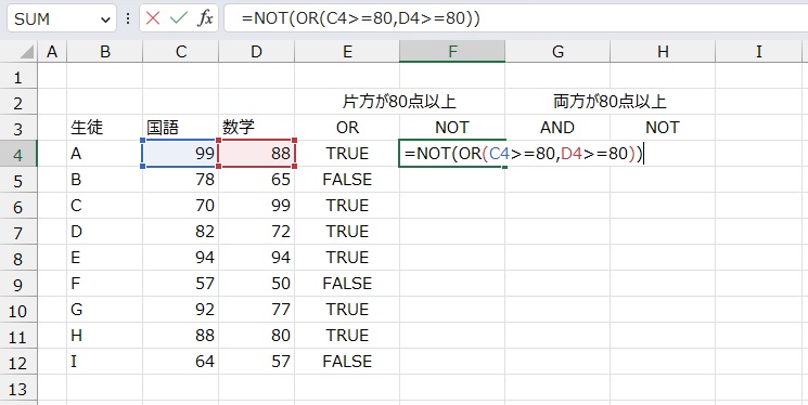 手順4.先ほどのOR関数をNOT関数で選択します。