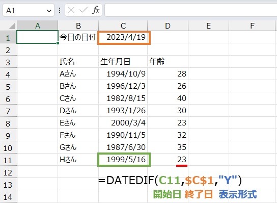 2つの日付間の年数は
=DATEDIF(C11,$C$1,"Y")
で求めることができます。