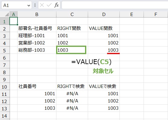 文字列は
=VALUE(C5)
で数値にすることができます。