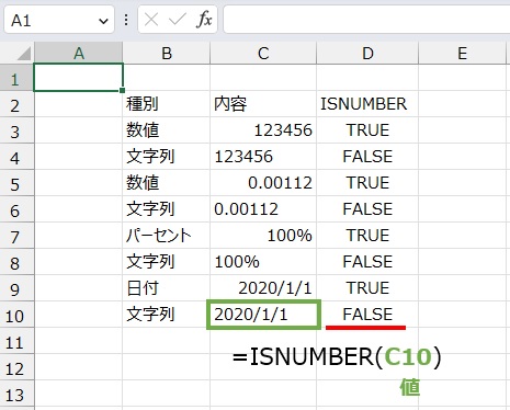 =ISNUMBER(C10)
で数値かどうか調べることができます。