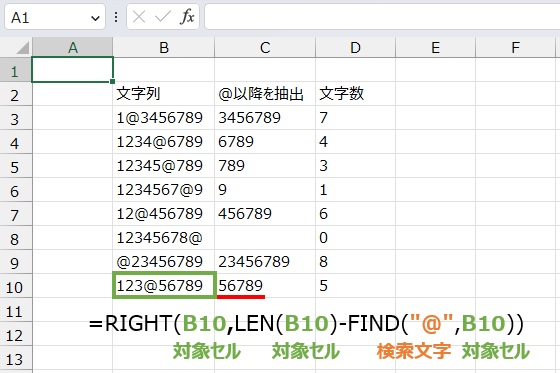 特定の文字列以降は
=RIGHT(B10,LEN(B10)-FIND("@",B10))
で抽出できます。