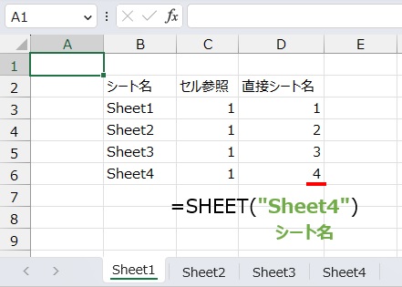 シート番号は
=SHEET("Sheet4")
で取得することができます。