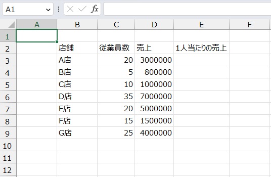 手順1.1人当たりの売上を出したいリストです。