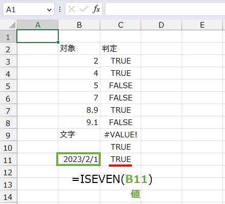 =ISEVEN(B11)
で偶数か奇数か調べることができます。